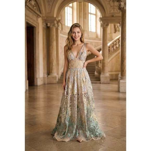 Nicole Batki Aida Dresses & Skirts - Metallic Floral Lace V-Neck Formal Gown Open Back A-Line Prom Dress Champagne